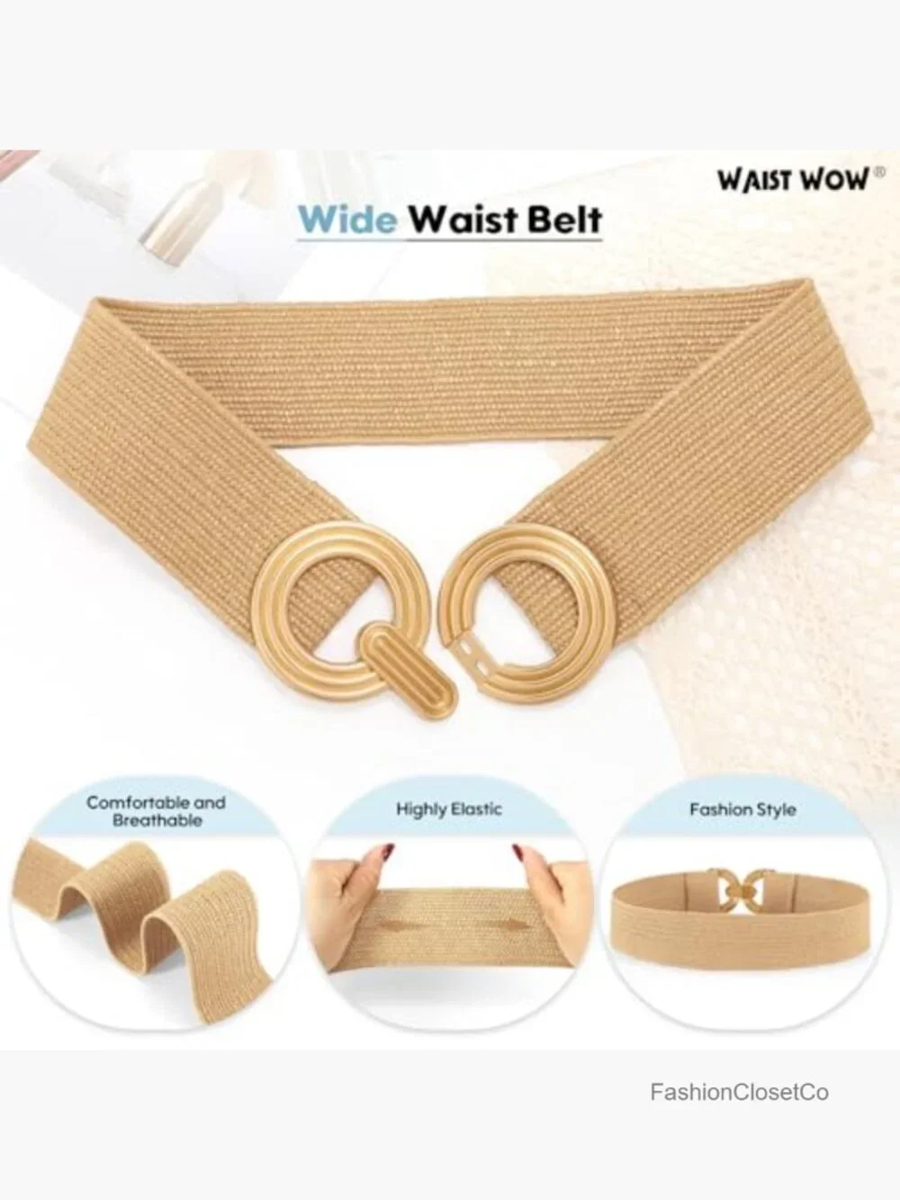 Straw Woven Elastic Stretchy Belt with Gold Buckle for Dresses
